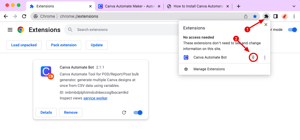 Canva Automate Maker chrome extension install pin